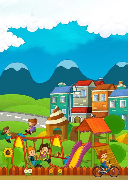 Cartoon Scene Met Kinderen Spelen Kermis Pretpark Speeltuin Grappige Illustratie — Stockfoto