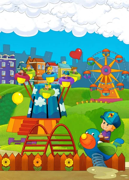 Cartoon Scene Met Kinderen Spelen Kermis Pretpark Speeltuin Grappige Illustratie — Stockfoto