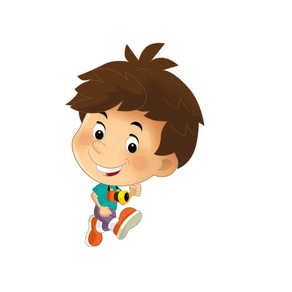 Escena Dibujos Animados Con Niño Corriendo Con Cámara Cuello Ilustración —  Fotos de Stock
