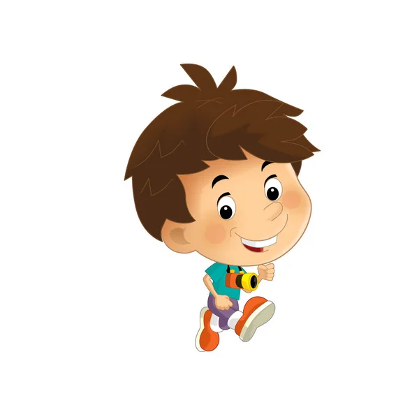 Escena Dibujos Animados Con Niño Corriendo Con Cámara Cuello Ilustración —  Fotos de Stock