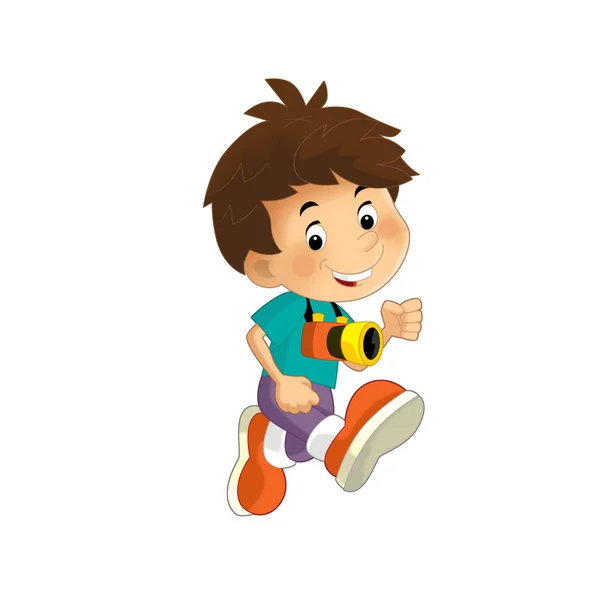 cartoon scene with young boy running with camera on his neck isolated illustration for kids