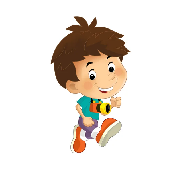 cartoon scene with young boy running with camera on his neck isolated illustration for kids