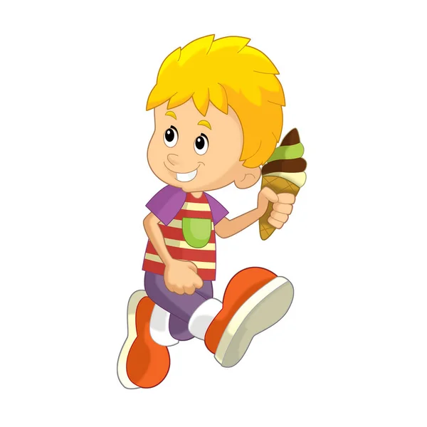 卡通片场景 小男孩正在吃冰淇淋 给孩子们带来有趣的 孤立的幻觉 — 图库照片
