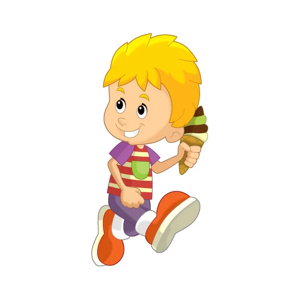 子供のための楽しい孤立したイラストを持っているアイスクリームを食べる若い男の子と漫画シーン — ストック写真
