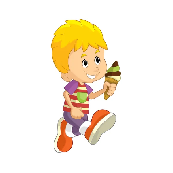Escena Dibujos Animados Con Niño Comiendo Helado Divertirse Ilustración Aislada —  Fotos de Stock