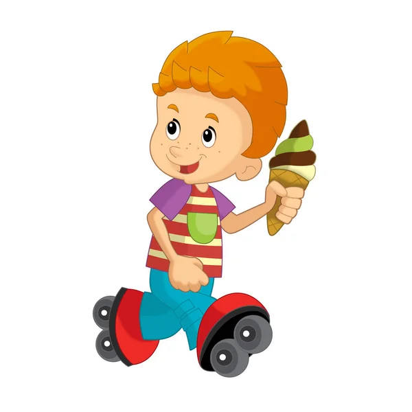 Мультяшная Сцена Мальчик Ест Мороженое Наслаждаясь Изолированной Иллюстрацией Детей — стоковое фото