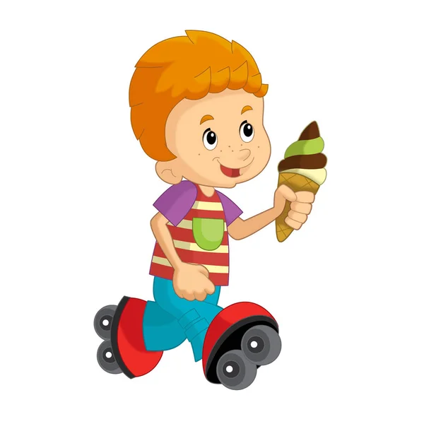 Cartoon Szene Mit Einem Kleinen Jungen Der Eis Isst Und — Stockfoto