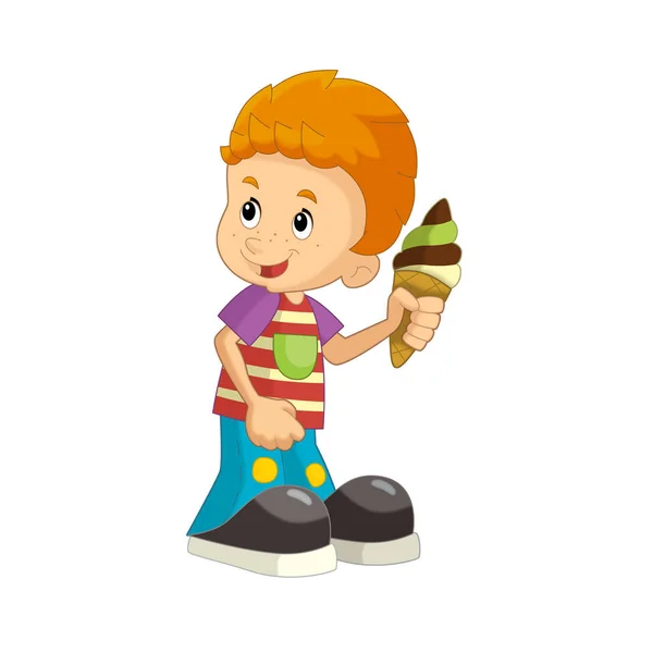 子供のための楽しい孤立したイラストを持っているアイスクリームを食べる若い男の子と漫画シーン — ストック写真