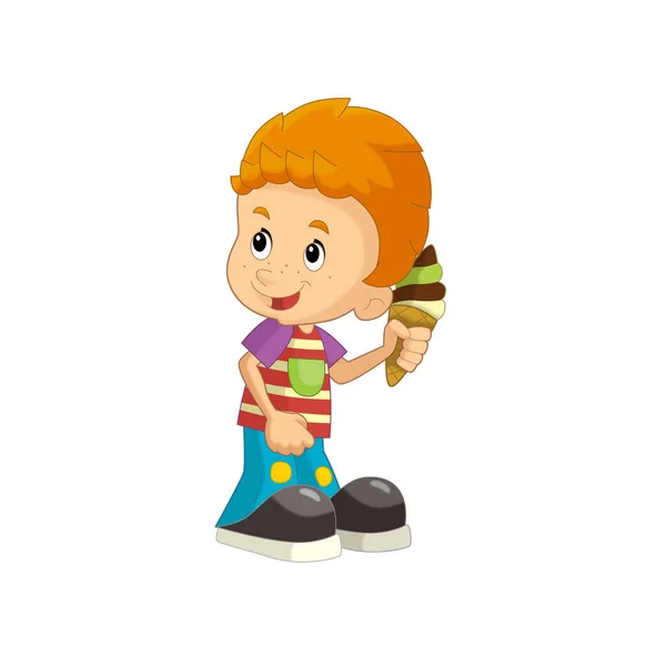 Cartoon Scene Young Boy Eating Ice Cream Having Fun Isolated — Stock Photo, Image
