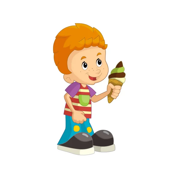 Σκηνή Κινουμένων Σχεδίων Νεαρό Αγόρι Τρώει Παγωτό Διασκεδάζοντας Απομονωμένη Θολούρα — Φωτογραφία Αρχείου
