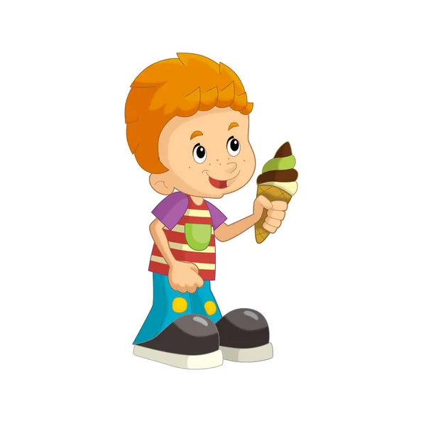 Escena Dibujos Animados Con Niño Comiendo Helado Divertirse Ilustración Aislada — Foto de Stock