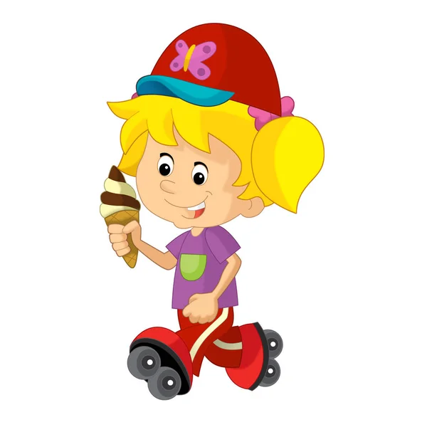 Cartoon Szene Mit Einem Jungen Mädchen Das Eis Isst Und — Stockfoto