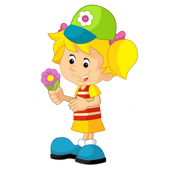 在卡通片中 年轻姑娘带着鲜花跑着 给孩子们带来了快乐的 孤立的幻想 — 图库照片