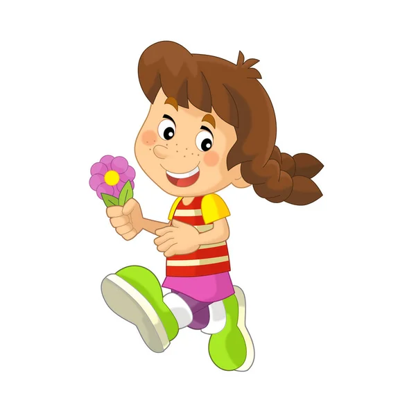 Cartoon Scene Young Girl Running Flower Having Fun Isolated Illustation — Stock Photo, Image