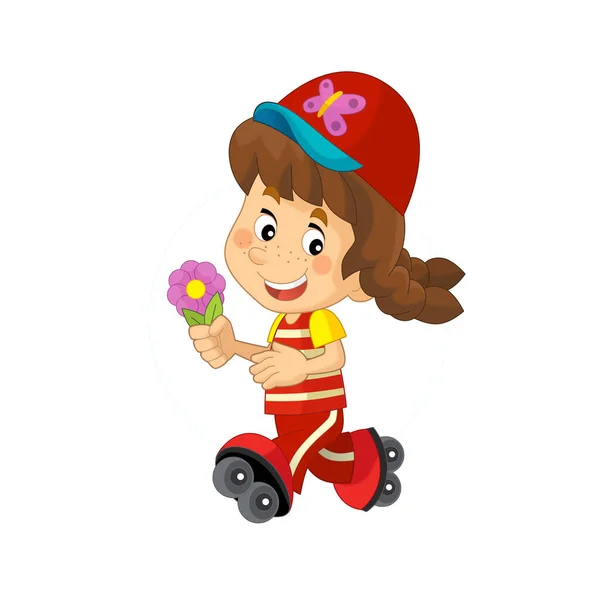 Cartoon Scene Young Girl Running Flower Having Fun Isolated Illustation — Stock Photo, Image
