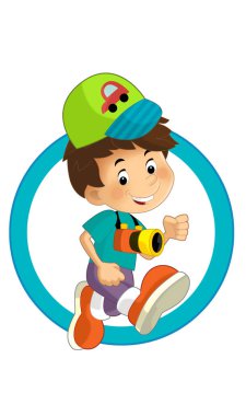 Genç bir delikanlının oynadığı çizgi film sahnesi. Çocuklar için eğleniyor ve gülümsüyor.