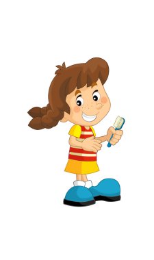 Genç bir kızın dişlerini fırçaladığı karikatür sahnesi çocuklar için izole edilmiş.
