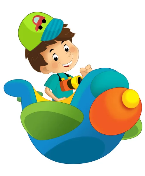 Cartoon Junge Kind Auf Einem Spielzeug Kirmes Flugzeug Freizeitpark Oder — Stockfoto