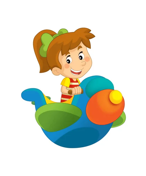 Cartoon Mädchen Kind Auf Einem Spielzeug Kirmes Flugzeug Freizeitpark Oder — Stockfoto