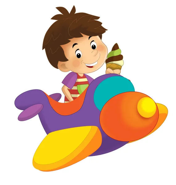 Cartoon Junge Kind Auf Einem Spielzeug Kirmes Flugzeug Vergnügungspark Oder — Stockfoto