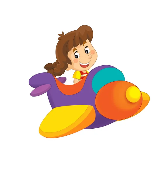 Cartoon Meisje Kind Een Speelgoed Kermis Vliegtuig Pretpark Speeltuin Geïsoleerde — Stockfoto