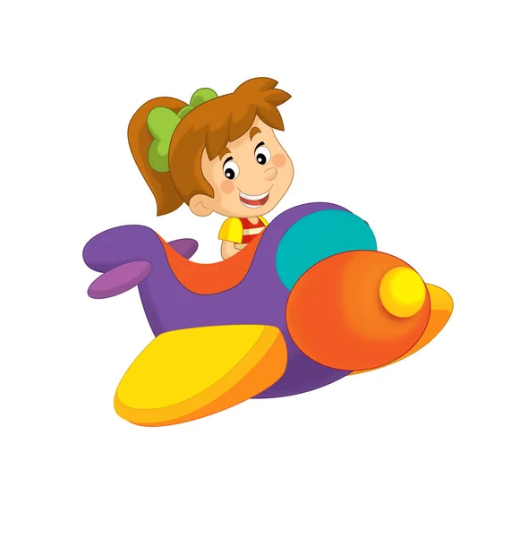 Cartoon Meisje Kind Een Speelgoed Kermis Vliegtuig Pretpark Speeltuin Geïsoleerde — Stockfoto