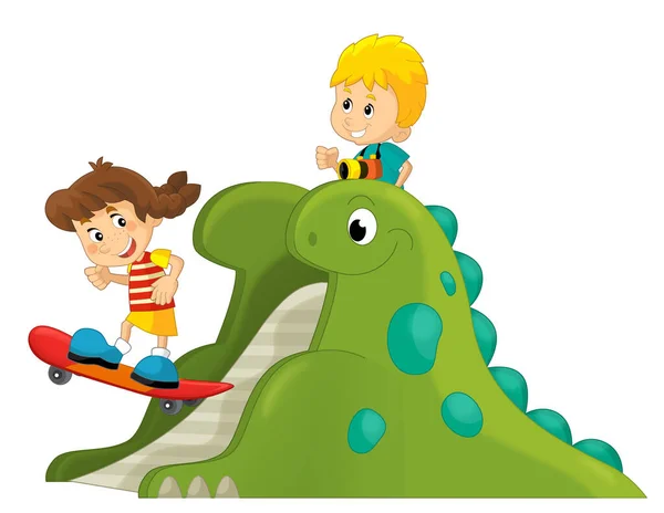Scène Dessin Animé Avec Jeu Enfant Sur Aire Jeux Dinosaure — Photo