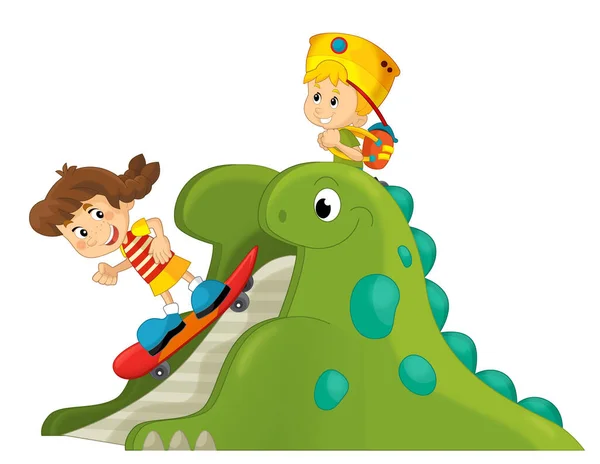 Cartoon Szene Mit Spielendem Kind Auf Dinosaurier Spielplatz Oder Kirmesspielzeug — Stockfoto
