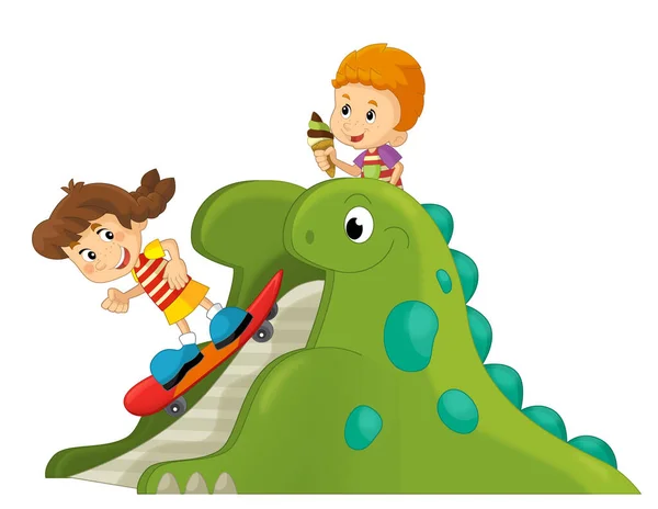 Cartoon Scene Playing Kid Dinosaur Playground Funfair Toy Isolated Illustration — Stock Photo, Image