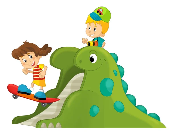 Cena Dos Desenhos Animados Com Brincar Criança Parque Infantil Dinossauros — Fotografia de Stock