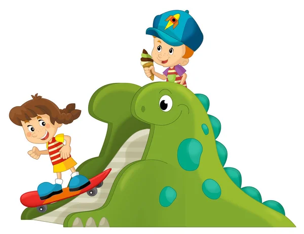 子供のための恐竜の遊び場やおもちゃの孤立したイラストで子供を再生する漫画シーン — ストック写真