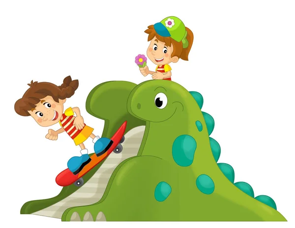 Escena Dibujos Animados Con Niños Jugando Parque Infantil Dinosaurios Juguete — Foto de Stock