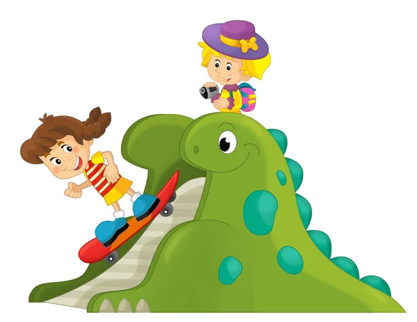Scène Dessin Animé Avec Jeu Enfant Sur Aire Jeux Dinosaure — Photo