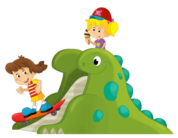 在恐龙游乐场或游乐玩具上玩具娃娃的卡通片场景 为儿童提供独立的插图 — 图库照片