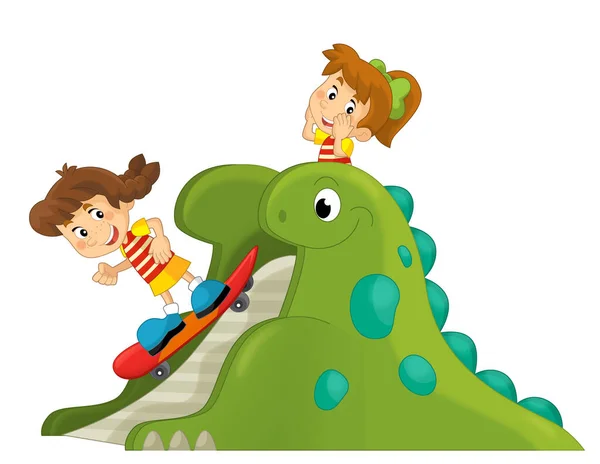 在恐龙游乐场或游乐玩具上玩具娃娃的卡通片场景 为儿童提供独立的插图 — 图库照片