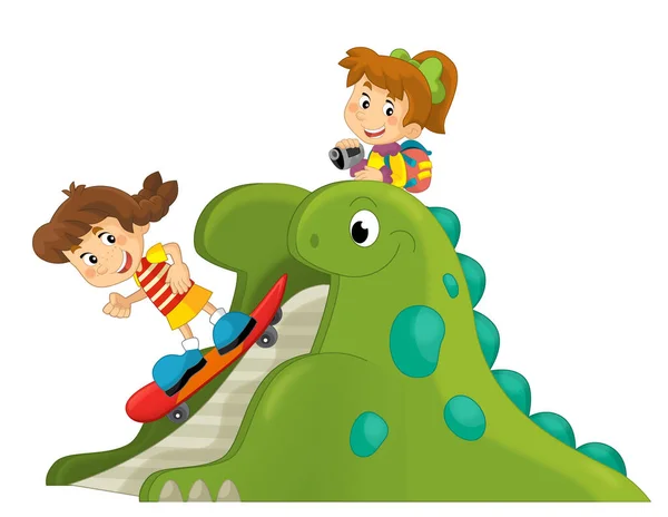 Cartoon Szene Mit Spielendem Kind Auf Dinosaurier Spielplatz Oder Kirmesspielzeug — Stockfoto