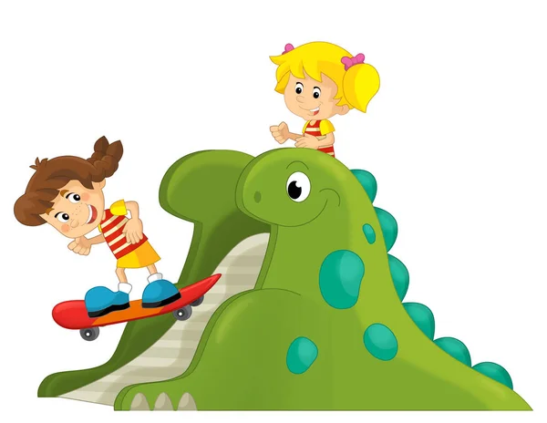 Kreslená Scéna Hrou Dítě Dinosauří Hřiště Nebo Zábavná Hračka Izolované — Stock fotografie