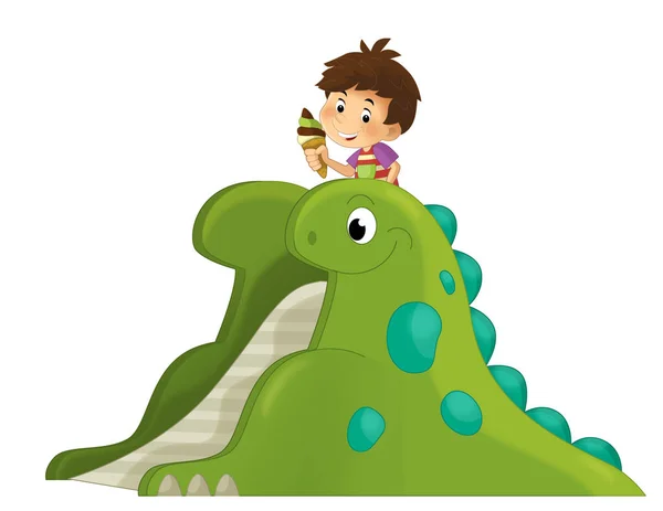 Escena Dibujos Animados Con Niños Jugando Parque Infantil Dinosaurios Juguete — Foto de Stock