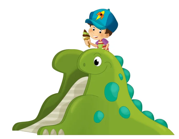 Cartoon Scene Playing Kid Dinosaur Playground Funfair Toy Isolated Illustration — Stock Photo, Image