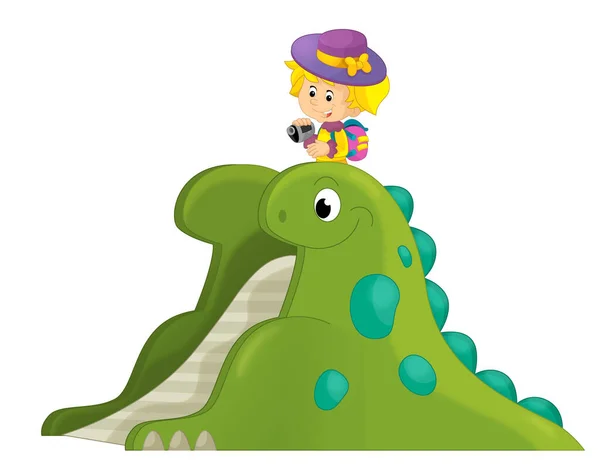 Cena Dos Desenhos Animados Com Brincar Criança Parque Infantil Dinossauros — Fotografia de Stock