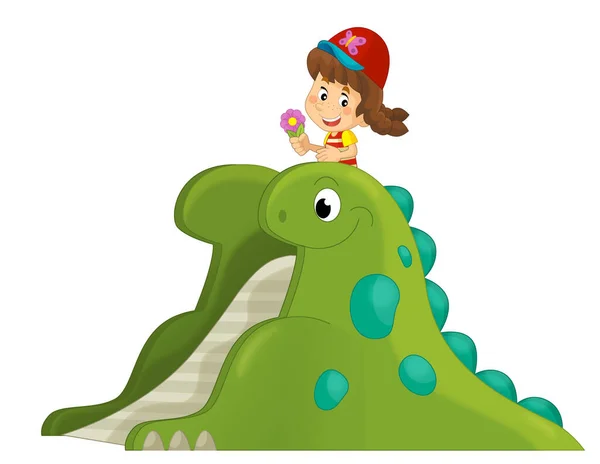Escena Dibujos Animados Con Niños Jugando Parque Infantil Dinosaurios Juguete —  Fotos de Stock