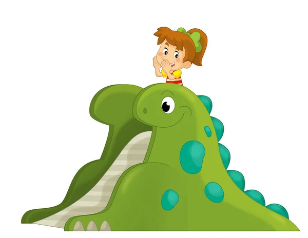 Dinozor Parkında Çocuğu Canlandıran Çizgi Film Sahnesi Çocuklar Için Izole — Stok fotoğraf