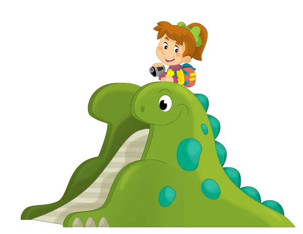 Σκηνή Κινουμένων Σχεδίων Παιχνίδι Παιδί Στην Παιδική Χαρά Δεινόσαυρος Λούνα — Φωτογραφία Αρχείου