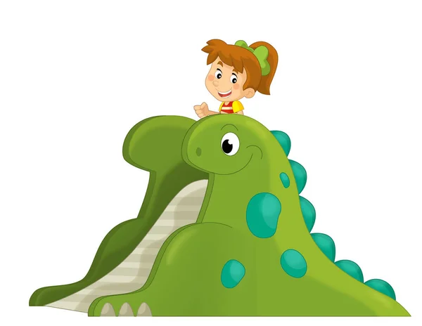 Dinozor Parkında Çocuğu Canlandıran Çizgi Film Sahnesi Çocuklar Için Izole — Stok fotoğraf