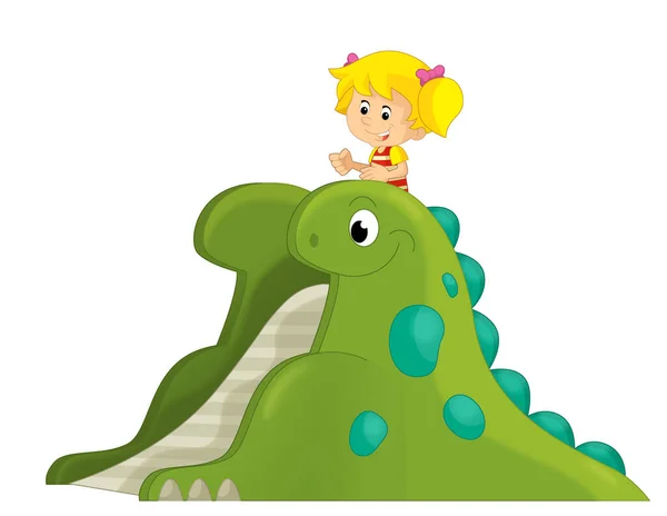 Cartoon Scene Met Spelen Kind Dinosaurus Speeltuin Kermis Speelgoed Geïsoleerde — Stockfoto