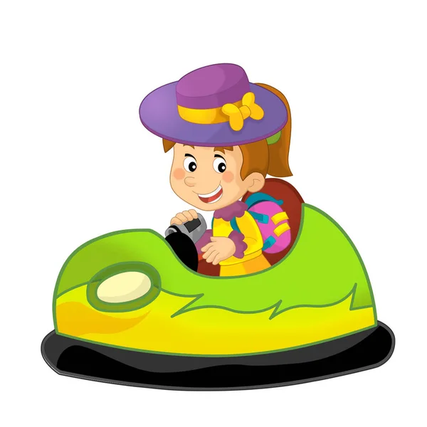 卡通片场景 由小女孩驾驶着滑稽可笑的五彩缤纷的保险杠车 为孩子们提供独立的图解 — 图库照片