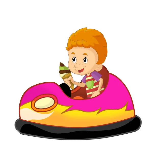 Cartoon Scene Kid Boy Driving Funfair Colorful Bumper Car Isolated — Stock Photo, Image