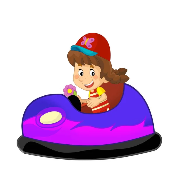 Cartoon Scene Kid Girl Driving Funfair Colorful Bumper Car Isolated — Stock Photo, Image