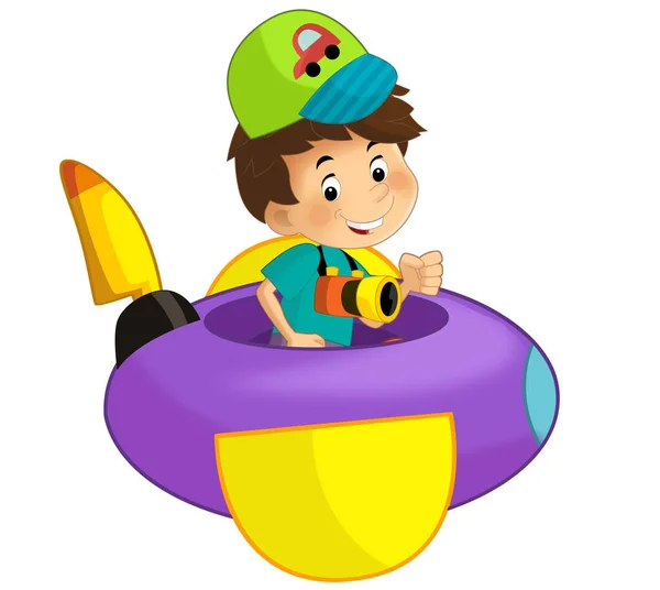 Cartoon Kind Auf Einem Spielzeugflugzeug Vergnügungspark Oder Spielplatz Isolierte Illustration — Stockfoto