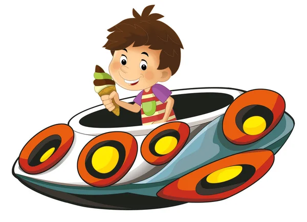 Cartoon Kind Auf Einem Spielzeug Kirmes Raumschiff Oder Sternschiff Vergnügungspark — Stockfoto